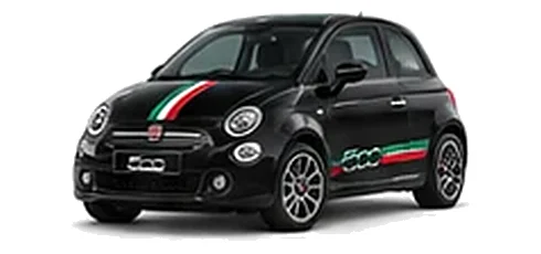 Fiat 500 in Crossover Black with green, white and red tricolour vinyl stripes, front three-quarter view on a white background.