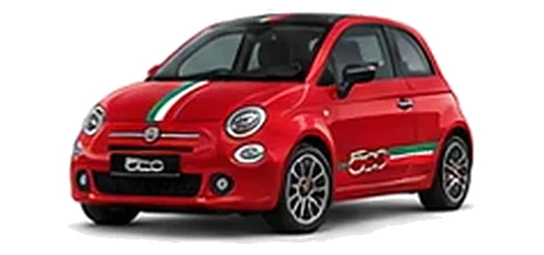 Fiat 500 in Pasodoble Red with green, white and red tricolour vinyl stripes, front three-quarter view on a white background.