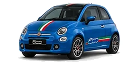 Fiat 500 in Volare Blue with green, white and red tricolour vinyl stripes, front three-quarter view on a white background.