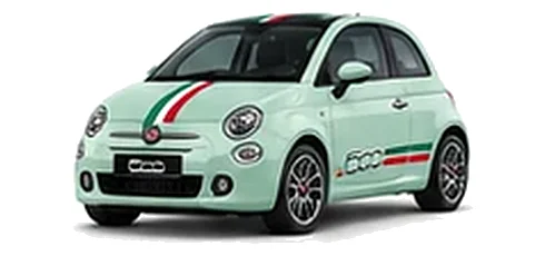 Fiat 500 in Smooth Mint with green, white and red tricolour vinyl stripes, front three-quarter view on a white background.
