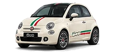 Fiat 500 in New Age Cream with green, white and red tricolour vinyl stripes, front three-quarter view on a white background.