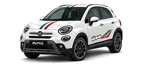 Fiat 500X in Bossa Nova White with green, white and red tricolour vinyl stripes, front three-quarter view on a white background.
