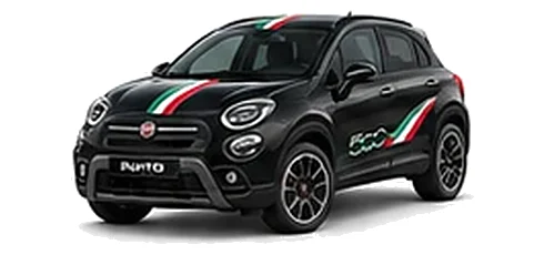 Fiat 500X in Crossover Black with green, white and red tricolour vinyl stripes, front three-quarter view on a white background.