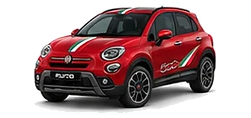 Fiat 500X in Pasodoble Red with green, white and red tricolour vinyl stripes, front three-quarter view on a white background.