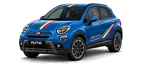 Fiat 500X in Volare Blue with green, white and red tricolour vinyl stripes, front three-quarter view on a white background.