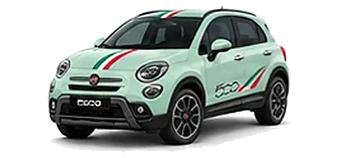 Fiat 500X in Smooth Mint with green, white and red tricolour vinyl stripes, front three-quarter view on a white background.