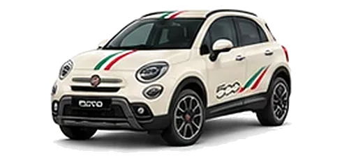 Fiat 500X in New Age Cream with green, white and red tricolour vinyl stripes, front three-quarter view on a white background.
