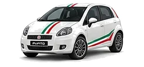 Fiat Grande Punto in Bossa Nova White with green, white and red tricolour vinyl stripes, front three-quarter view on a white background.