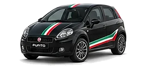Fiat Grande Punto in Crossover Black with green, white and red tricolour vinyl stripes, front three-quarter view on a white background.