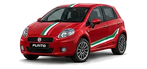Fiat Grande Punto in Pasodoble Red with green, white and red tricolour vinyl stripes, front three-quarter view on a white background.
