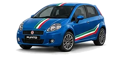 Fiat Grande Punto in Volare Blue with green, white and red tricolour vinyl stripes, front three-quarter view on a white background.