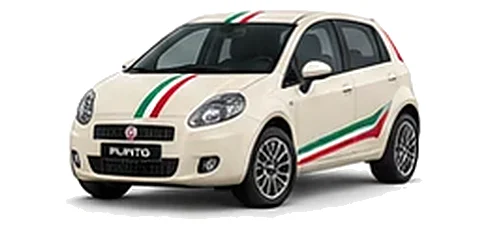 Fiat Grande Punto in New Age Cream with green, white and red tricolour vinyl stripes, front three-quarter view on a white background.