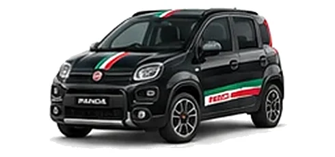 Fiat Panda in Crossover Black with green, white and red tricolour vinyl stripes, front three-quarter view on a white background.