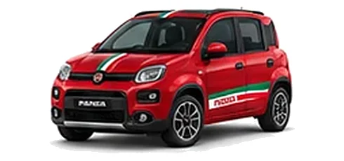 Fiat Panda in Pasodoble Red with green, white and red tricolour vinyl stripes, front three-quarter view on a white background.