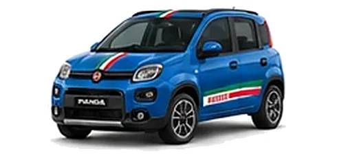 Fiat Panda in Volare Blue with green, white and red tricolour vinyl stripes, front three-quarter view on a white background.