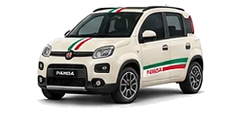 Fiat Panda in New Age Cream with green, white and red tricolour vinyl stripes, front three-quarter view on a white background.