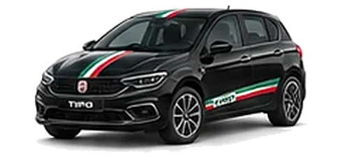 Fiat Tipo in Crossover Black with green, white and red tricolour vinyl stripes, front three-quarter view on a white background.