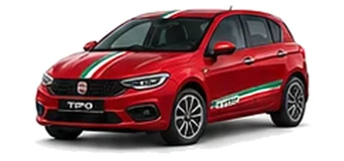 Fiat Tipo in Pasodoble Red with green, white and red tricolour vinyl stripes, front three-quarter view on a white background.