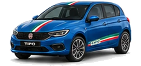Fiat Tipo in Volare Blue with green, white and red tricolour vinyl stripes, front three-quarter view on a white background.