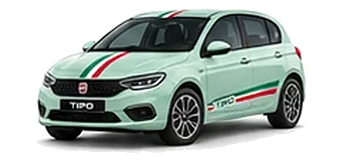 Fiat Tipo in Smooth Mint with green, white and red tricolour vinyl stripes, front three-quarter view on a white background.