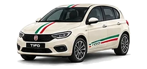 Fiat Tipo in New Age Cream with green, white and red tricolour vinyl stripes, front three-quarter view on a white background.