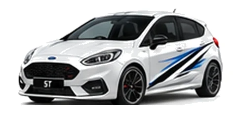 Ford Fiesta in Frozen White with Ford-inspired vinyl graphics, front three-quarter view on a white background.