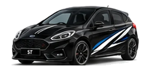 Ford Fiesta in Agate Black with Ford-inspired vinyl graphics, front three-quarter view on a white background.