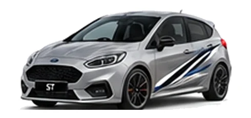 Ford Fiesta in Moondust Silver with custom vinyl graphics, front three-quarter view.