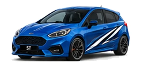 Ford Fiesta in Ford Performance Blue with custom vinyl graphics, front three-quarter view.