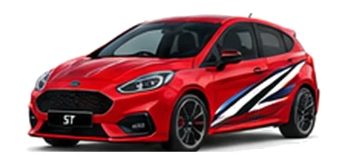Ford Fiesta in Race Red with Ford-inspired vinyl graphics, front three-quarter view on a white background.
