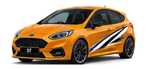 Ford Fiesta in Cyber Orange with custom vinyl graphics, front three-quarter view.