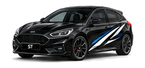 Ford Focus in Agate Black with Ford-inspired vinyl graphics, front three-quarter view on a white background.
