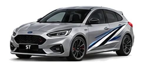 Ford Focus in Moondust Silver with custom vinyl graphics, front three-quarter view.