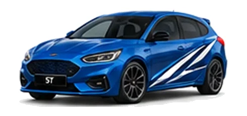 Ford Focus in Ford Performance Blue with custom vinyl graphics, front three-quarter view.