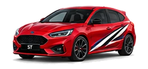 Ford Focus in Race Red with Ford-inspired vinyl graphics, front three-quarter view on a white background.