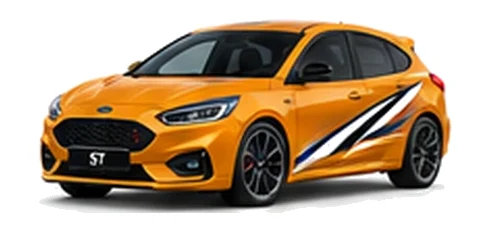 Ford Focus in Cyber Orange with custom vinyl graphics, front three-quarter view.