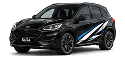 Ford Kuga in Agate Black with Ford-inspired vinyl graphics, front three-quarter view on a white background.