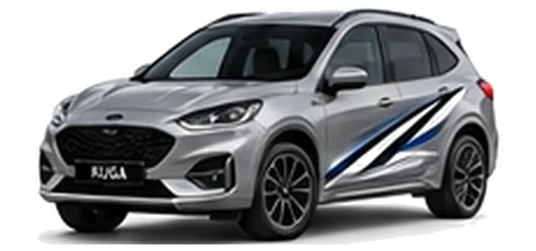 Ford Kuga in Moondust Silver with custom vinyl graphics, front three-quarter view.