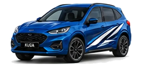 Ford Kuga in Ford Performance Blue with custom vinyl graphics, front three-quarter view.