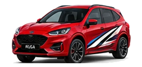 Ford Kuga in Race Red with Ford-inspired vinyl graphics, front three-quarter view on a white background.
