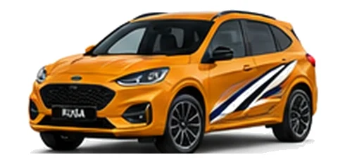 Ford Kuga in Cyber Orange with custom vinyl graphics, front three-quarter view.