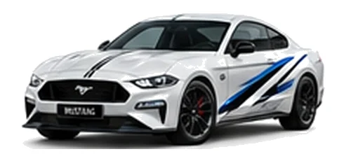 Ford Mustang in Frozen White with Ford-inspired vinyl graphics, front three-quarter view on a white background.