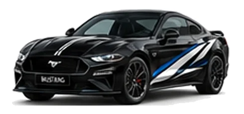 Ford Mustang in Agate Black with Ford-inspired vinyl graphics, front three-quarter view on a white background.