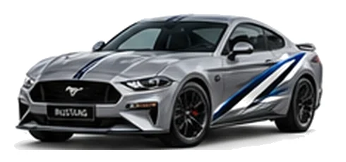 Ford Mustang in Moondust Silver with custom vinyl graphics, front three-quarter view.