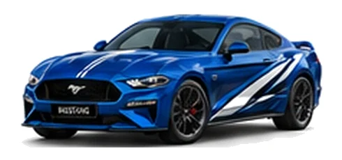 Ford Mustang in Ford Performance Blue with custom vinyl graphics, front three-quarter view.