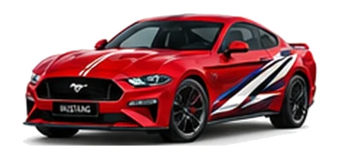Ford Mustang in Race Red with Ford-inspired vinyl graphics, front three-quarter view on a white background.