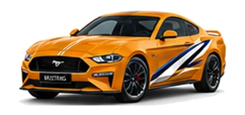 Ford Mustang in Cyber Orange with custom vinyl graphics, front three-quarter view.
