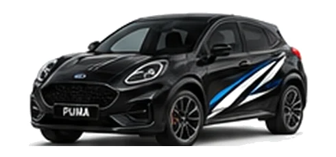 Ford Puma in Agate Black with Ford-inspired vinyl graphics, front three-quarter view on a white background.