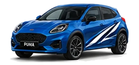 Ford Puma in Ford Performance Blue with custom vinyl graphics, front three-quarter view.