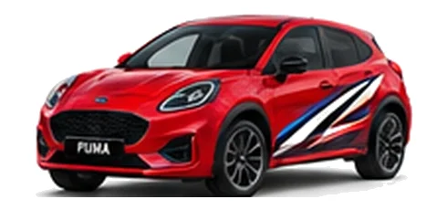 Ford Puma in Race Red with Ford-inspired vinyl graphics, front three-quarter view on a white background.